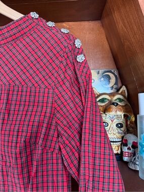 J. Crew - Red Plaid Blouse with Jeweled Shoulder Accents - Women’s 8